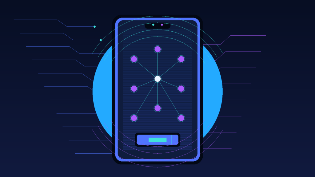 Original illustration of a smartphone with a glowing neural network and processor chip
