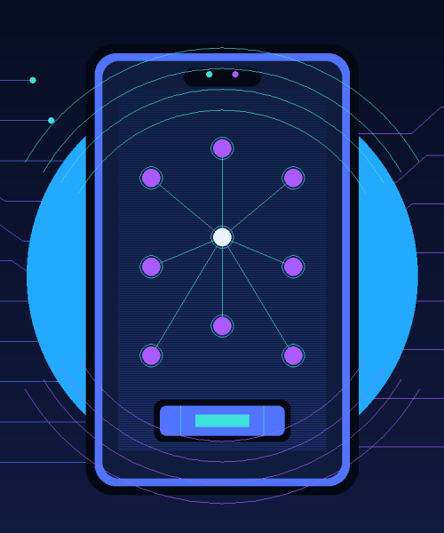 Original illustration of a smartphone with a glowing neural network and processor chip
